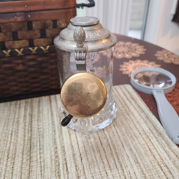 Etched Glass Beer Stein Engraved Pewter Lid Bicycle Warning Bell - Picture 8 of 8